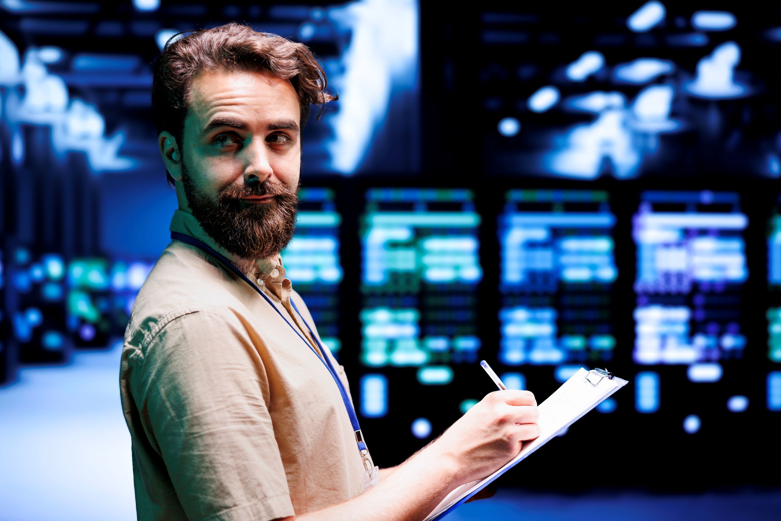 IT technician holding clipboard in data center environment